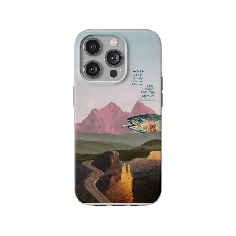 Trout Phone Case | Pink Mountain Collage Flexi Case, Surreal Retro Art, Funny Lemon Quote, Fly Fishing Gift, iPhone Case image 10