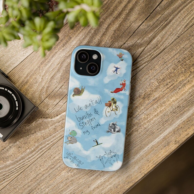 Whimsical Cloud Doodle Phone Case | Funny Handwritten Quote, Frog on Bike, Snail, Sketchy Collage Art, Light Blue Flexi Case, iPhone image 9