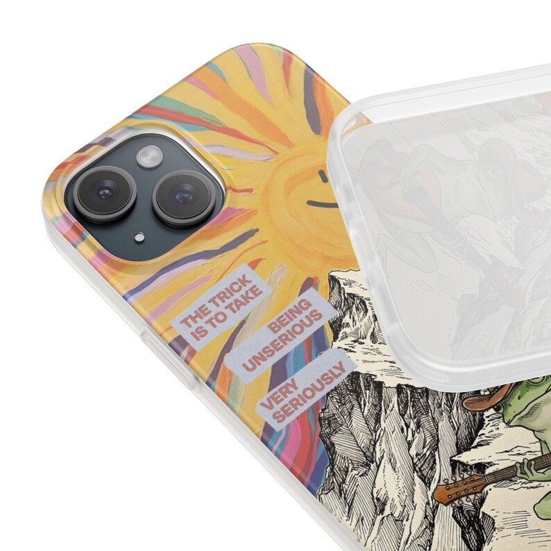 Frog with Guitar Phone Case | Retro Smiling Sun Mountain Collage, Cottagecore Boho Flexi Case, Funny Quote, Cute Frog Gift, iPhone image 7