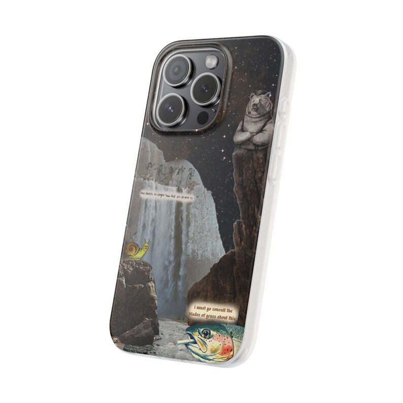 Bear Waterfall Phone Case | Dark Moody Collage Art, Night Sky Mountain Scene, Trout & Snail, Funny Quote, Nature Lover Gift, iPhone Flexi image 11