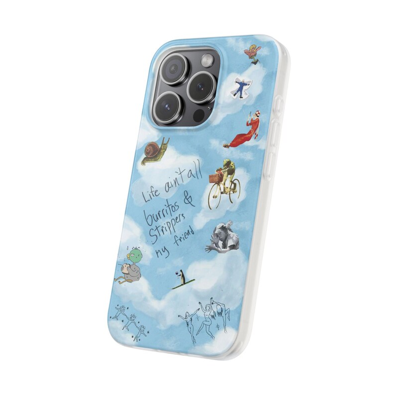 Whimsical Cloud Doodle Phone Case | Funny Handwritten Quote, Frog on Bike, Snail, Sketchy Collage Art, Light Blue Flexi Case, iPhone image 11