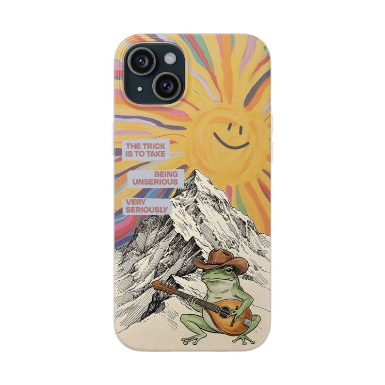 Frog with Guitar Phone Case | Retro Smiling Sun Mountain Collage, Cottagecore Boho Flexi Case, Funny Quote, Cute Frog Gift, iPhone image 19