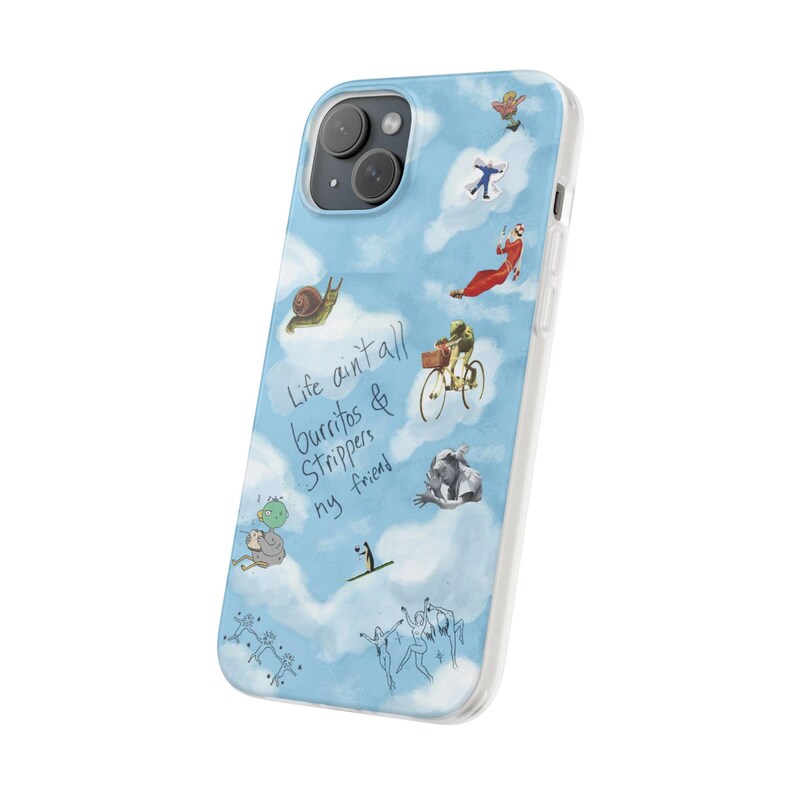 Whimsical Cloud Doodle Phone Case | Funny Handwritten Quote, Frog on Bike, Snail, Sketchy Collage Art, Light Blue Flexi Case, iPhone image 20