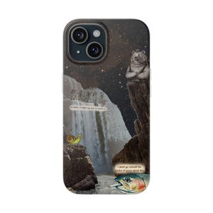 Bear Waterfall Phone Case | Dark Moody Collage Art, Night Sky Mountain Scene, Trout & Snail, Funny Quote, Nature Lover Gift, iPhone Flexi image 1