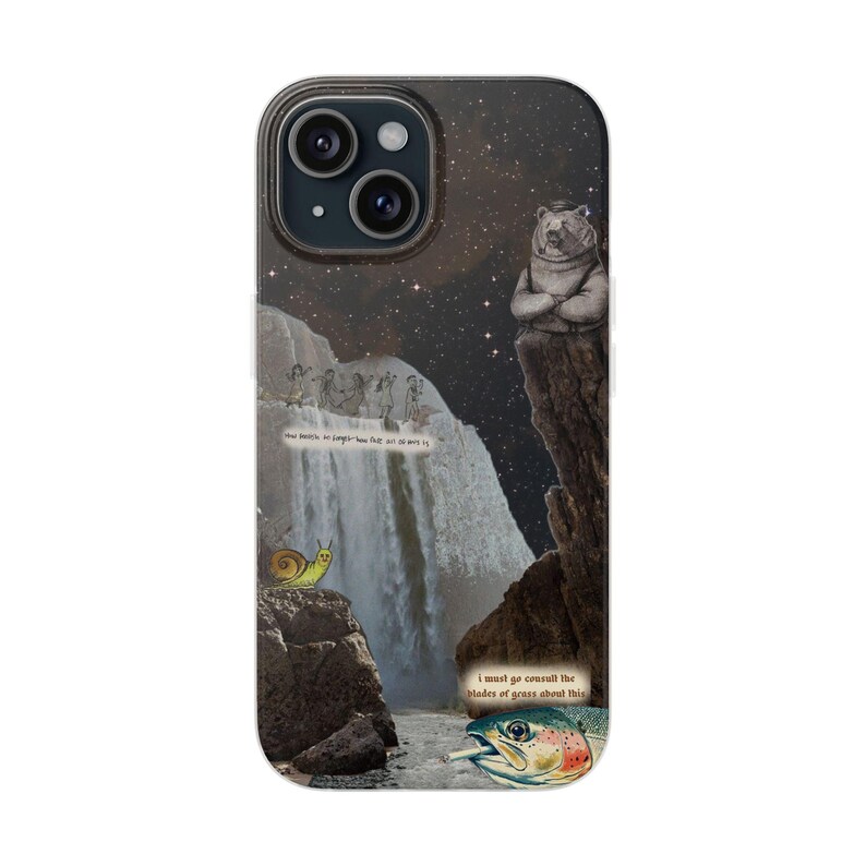 Bear Waterfall Phone Case | Dark Moody Collage Art, Night Sky Mountain Scene, Trout & Snail, Funny Quote, Nature Lover Gift, iPhone Flexi image 1