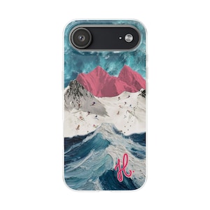 May include: A smartphone case featuring a collage design with a textured blue ocean wave at the bottom, a snowy mountain slope with small figures skiing, pink mountain peaks, and a blue sky. The pink cursive letters "Hl." appear in the corner.