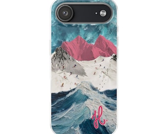 May include: A smartphone case featuring a collage design with a textured blue ocean wave at the bottom, a snowy mountain slope with small figures skiing, pink mountain peaks, and a blue sky. The pink cursive letters "Hl." appear in the corner.