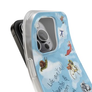 Whimsical Cloud Doodle Phone Case | Funny Handwritten Quote, Frog on Bike, Snail, Sketchy Collage Art, Light Blue Flexi Case, iPhone image 17