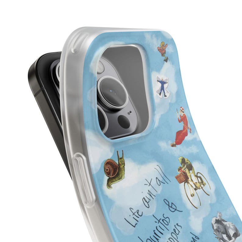 Whimsical Cloud Doodle Phone Case | Funny Handwritten Quote, Frog on Bike, Snail, Sketchy Collage Art, Light Blue Flexi Case, iPhone image 17