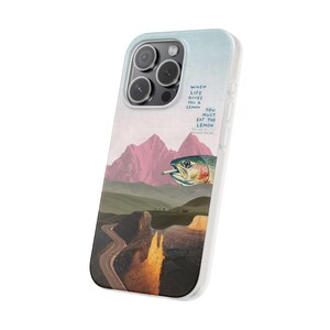 Trout Phone Case | Pink Mountain Collage Flexi Case, Surreal Retro Art, Funny Lemon Quote, Fly Fishing Gift, iPhone Case image 2