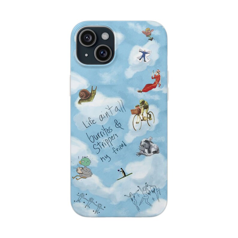 Whimsical Cloud Doodle Phone Case | Funny Handwritten Quote, Frog on Bike, Snail, Sketchy Collage Art, Light Blue Flexi Case, iPhone image 19