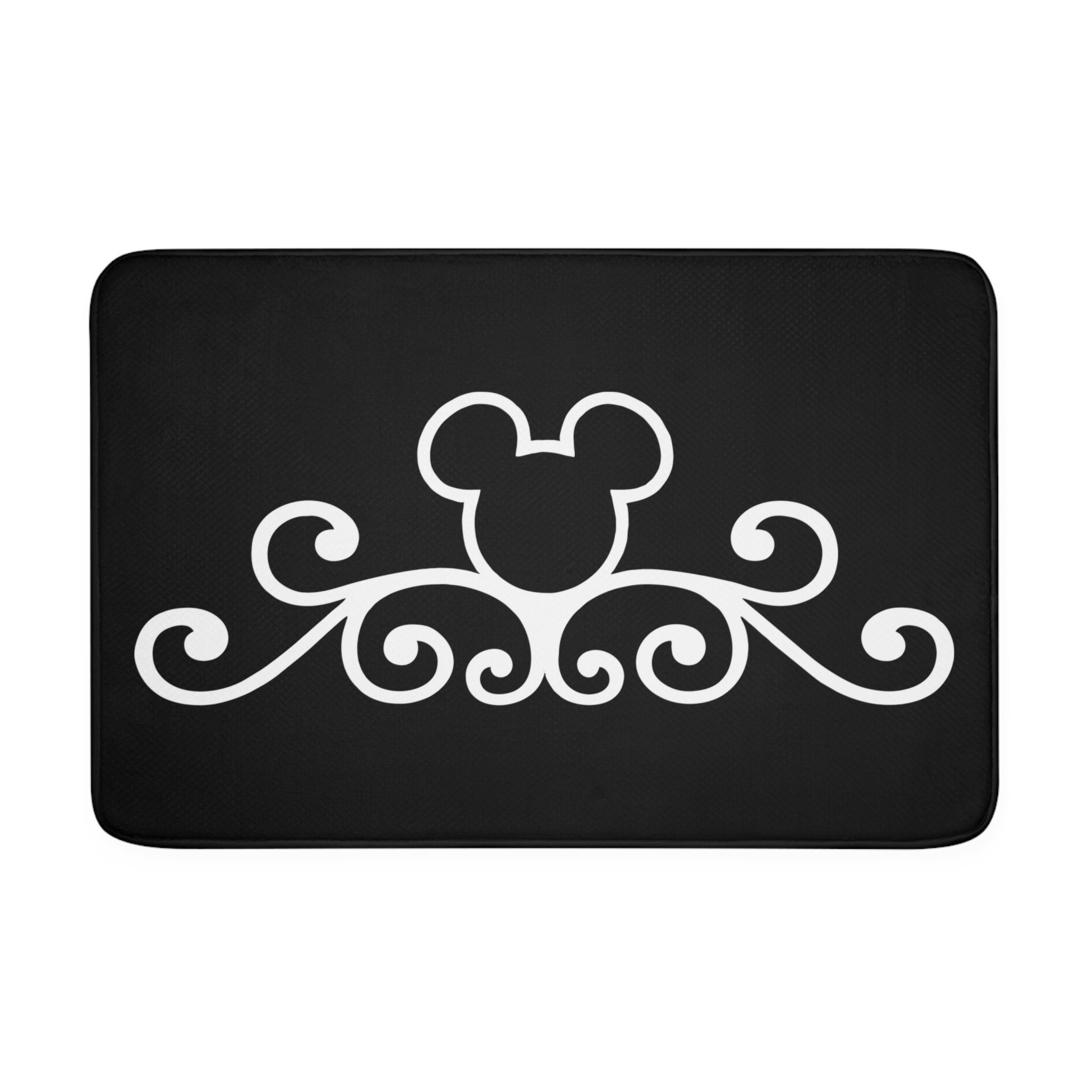 Black Memory Foam Bath Mat / White Mickey Scroll / Disney Home Decor