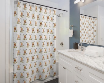 May include: White shower curtain with a repeating pattern of Winnie the Pooh holding a honey pot. The pattern is on a white background with small yellow bees.