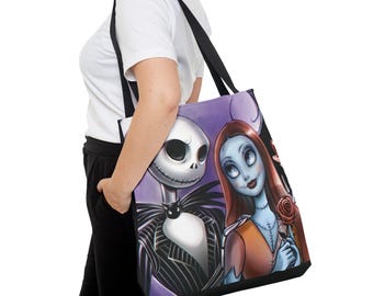 May include: A tote bag featuring a colorful graphic print of a skeletal character in a black pinstripe suit and a blue-skinned character with long red hair holding a red rose. The bag has black shoulder straps and a purple background design.
