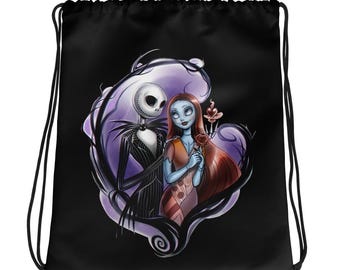 May include: A black drawstring bag featuring a graphic illustration of a tall, thin skeleton character in a pinstripe suit standing next to a female character with long red hair and a patchwork dress, framed by swirling purple and black shapes.