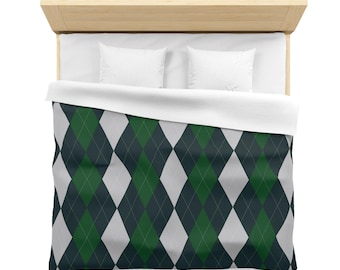 Capa de edredom de microfibra / Roupa de cama inspirada em Harry Potter / Cores da Sonserina / Estampa Argyle / Coleção para quarto / Decoração para casa