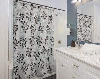 Disney inspirierter Duschvorhang / Retro Mickey und Minnie / Schwarz mit Weiß / Wohndekor / Badezimmerdekor