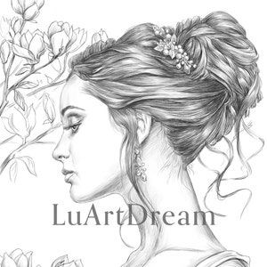 Magnolia garden - Coloring Page - Digital Download Illustration PDF JPG - Grayscale Coloring Page for Adults - Printable Coloring