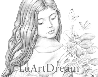 Girl with a rose - Adult Coloring Page - Printable Coloring Page JPG - Pencil Drawing Coloring Page