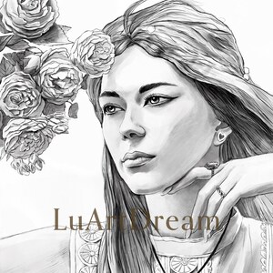 Grayscale Coloring Pages - Lovely woman and roses - Adult Coloring Page - Printable Grayscale Coloring Page - Digital Download PDF JPG