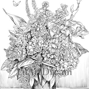 Bouquet of flowers - Coloring Page - Digital Download Illustration PDF JPG - Grayscale Coloring Page for Adults - Printable Coloring