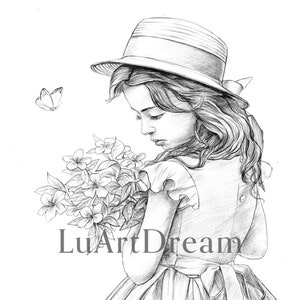 Girl with a hat  -  Adult Coloring Page - Printable Coloring Page JPG - Pencil Drawing Coloring Page