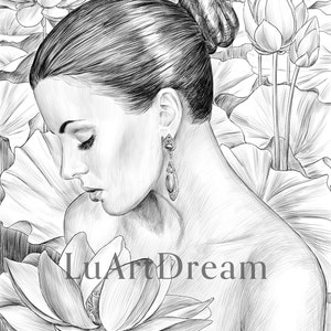 Lotus flower - Coloring Page - Digital Download Illustration PDF JPG - Grayscale Coloring Page for Adults - Printable Coloring
