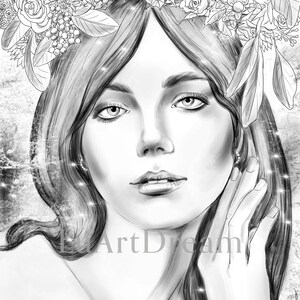 Enchantress - Grayscale Coloring Pages - Adult Coloring Page - Printable Grayscale Coloring Page - Digital Download PDF JPG