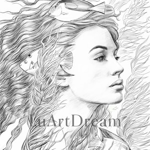 Mermaid - Coloring Page - Digital Download Illustration PDF JPG - Grayscale Coloring Page for Adults - Printable Coloring