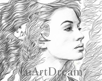 Mermaid - Coloring Page - Digital Download Illustration PDF JPG - Grayscale Coloring Page for Adults - Printable Coloring