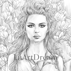 Magnolia bloom - Coloring Page - Digital Download Illustration PDF JPG - Grayscale Coloring Page for Adults - Printable Coloring