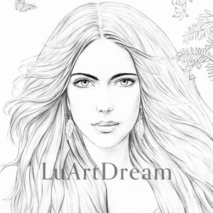 Garden Nymph - Enchanting - Coloring Page - Digital Download Illustration PDF JPG - Grayscale Coloring Page for Adults - Printable Coloring