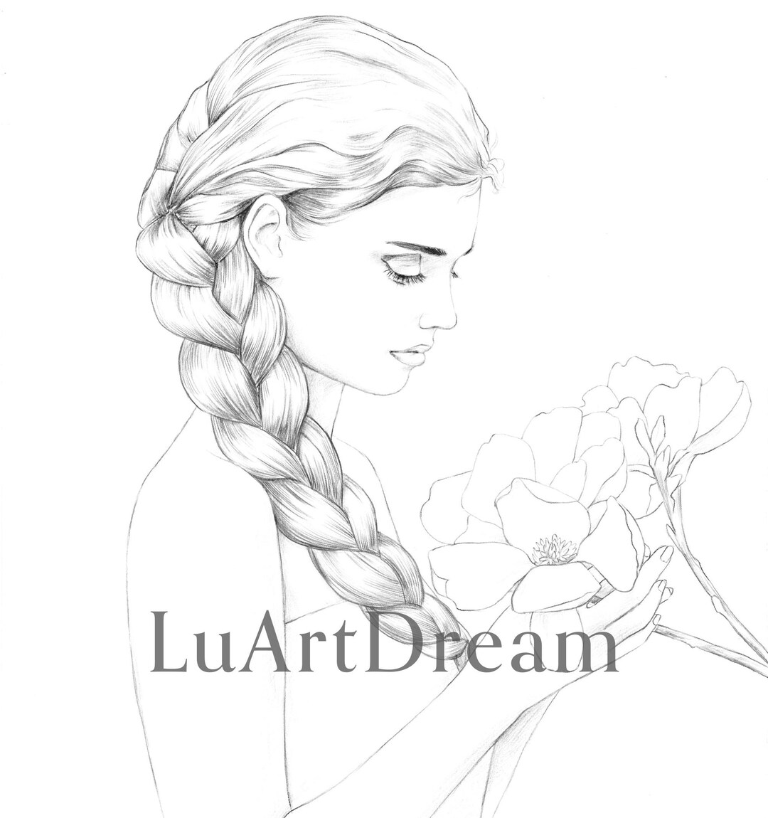 Girl and Magnolia Flowers- Coloring Page - Digital Download ...