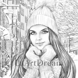 Winter Walks Snowy City - Coloring Page - Digital Download Illustration PDF JPG - Grayscale Coloring Page for Adults - Printable Coloring
