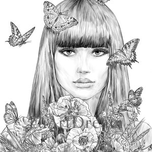 Poppies And Beauty - Coloring Page - Digital Download Illustration PDF JPG - Grayscale Coloring Page for Adults - Printable Coloring