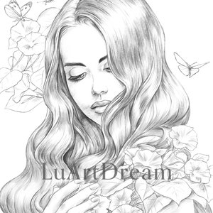 Garden nymph - Tenderness -Coloring Page - Digital Download Illustration PDF JPG - Grayscale Coloring Page for Adults - Printable Coloring