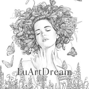 In the field of poppies - Coloring Page - Digital Download Illustration PDF JPG - Grayscale Coloring Page for Adults - Printable Coloring