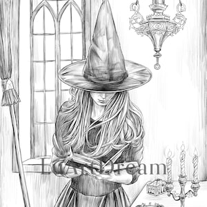 Witch in the castle - Halloween - Coloring Page - Digital Download Illustration PDF JPG - Coloring Page for Adults - Printable Coloring