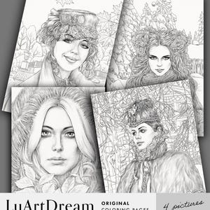 Set of coloring pages - Beautiful ladies in winter - Printable Adult Colouring Pages - Digital Download  Portrait Coloring Pages PDF