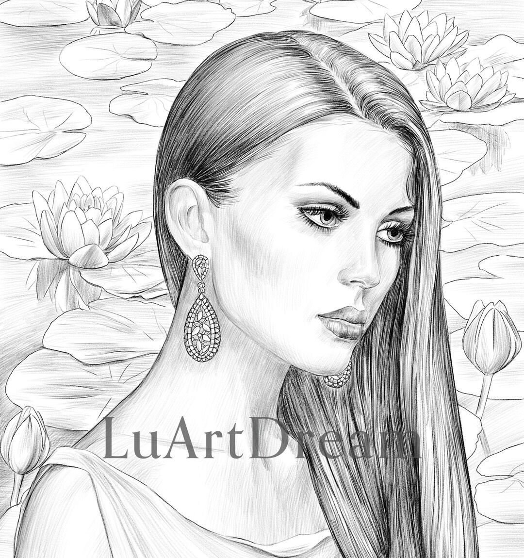 Water Lily - Coloring Page - Digital Download Illustration PDF JPG