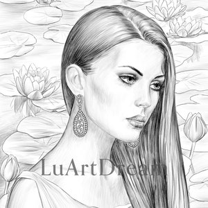 Water lily  - Coloring Page - Digital Download Illustration PDF JPG - Grayscale Coloring Page for Adults - Printable Coloring