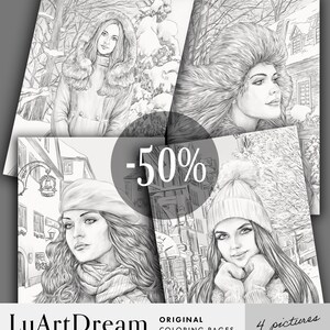 Winter walks - Set of coloring pages 50% off - Printable Adult Colouring Pages - Portrait coloring - Digital Download Coloring Pages PDF