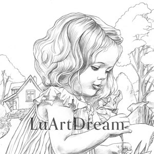 Girl with the flower - Adult Coloring Page - Printable Coloring Page JPG - Pencil Drawing Coloring Page
