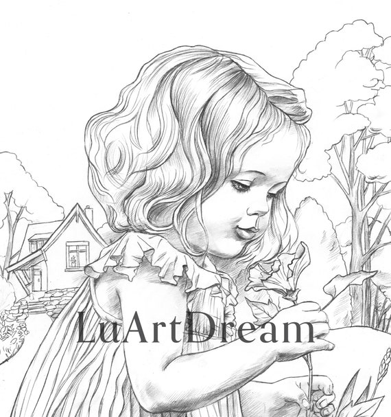 Girl With the Flower Adult Coloring Page Printable Etsy