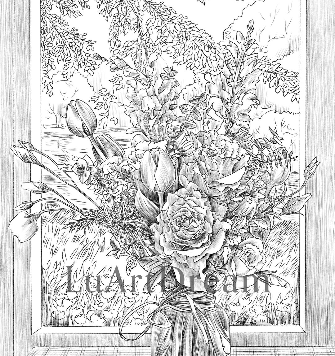 Bouquet of Beautiful Flowers - Grayscale Coloring Page for Adults - Printable Coloring Page ...
