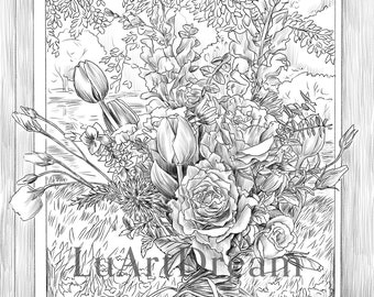 Bouquet of beautiful flowers - Grayscale Coloring Page for Adults - Printable Coloring Page - Digital Download Illustration PDF JPG