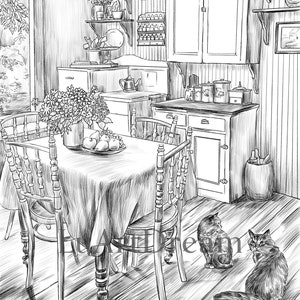 Cute rustic interior - Coloring Page - Digital Download Illustration PDF JPG - Grayscale Coloring Page for Adults - Printable Coloring