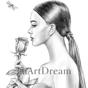 Rose and dragonflies -  Coloring Page - Digital Download Illustration PDF JPG - Grayscale Coloring Page for Adults - Printable Coloring
