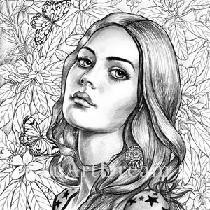 Spring - Adult Coloring Page - Beautiful woman - Printable Grayscale Coloring Page - Digital Download Illustration PDF JPG