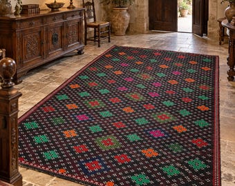 Handwoven Kilim Rug, Vintage Anatolian Carpet, Tribal Geometric Area Rug, Boho Turkish Floor Decor, Rustic Large Living Room Rug Art